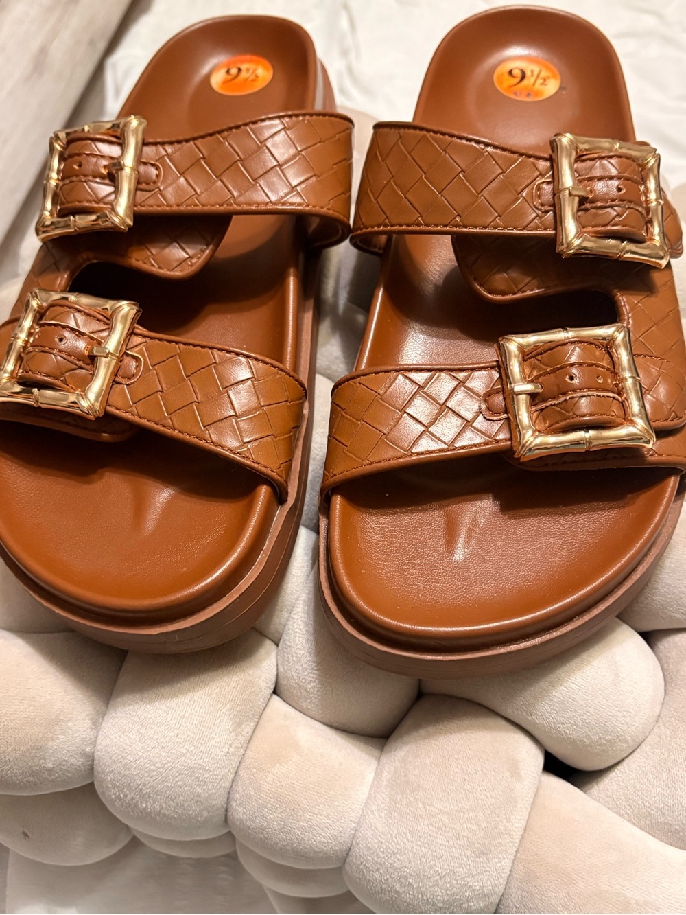 Brown Woven Double-Buckle Slide Sandals